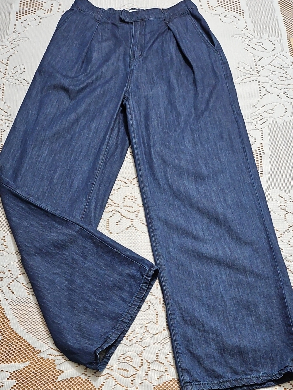 JustFab High Rise Pleated Wide Leg Denim Trouser Jeans Dark Wash 100% Cotton